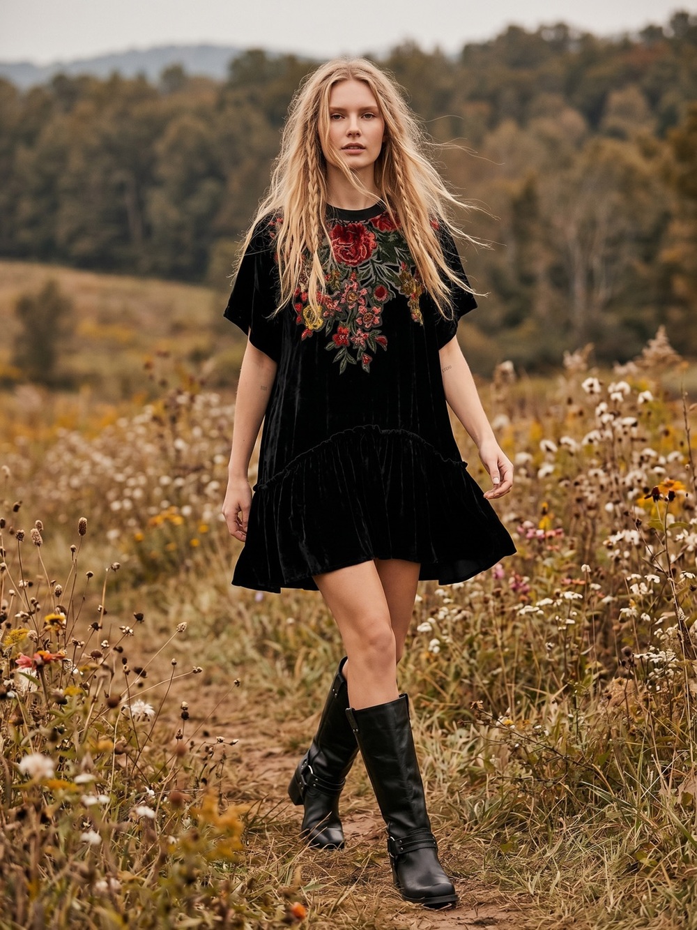 Free People Bohemian Sweet Echoes Black Floral Velvet Devore Tunic Dress Small